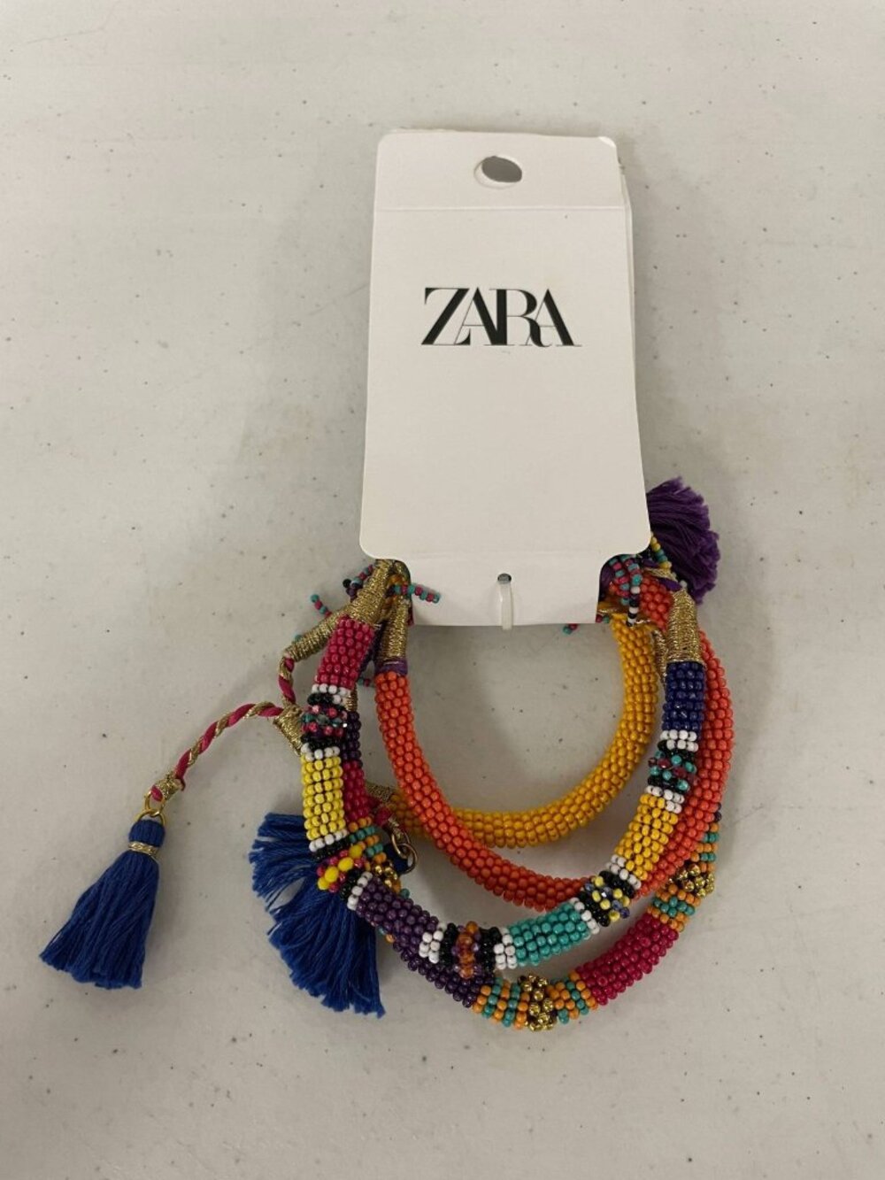 New Zara Beaded Bracelet Set Multi-color Boho Stack With Tassels Gold Accent